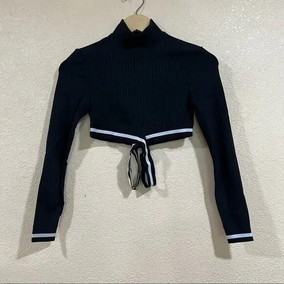 MICHI Black White Apex Ribbed cropped mock neck striped straps cutout Top MEDIUM - Picture 2 of 10